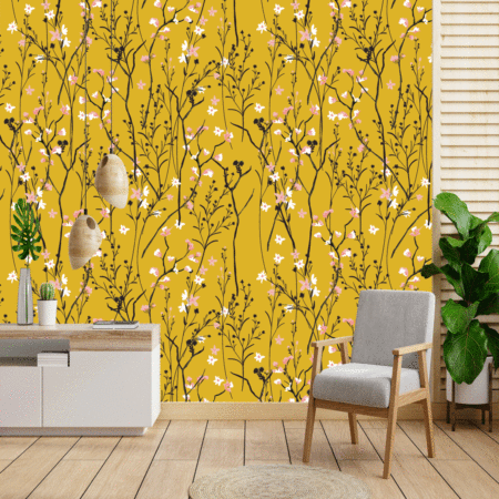 Vintage Beautiful and trendy wind blow flowers, Isolated on summer amber color Botanical Floral Decoration Texture Vintage Style Design Wallpaper.