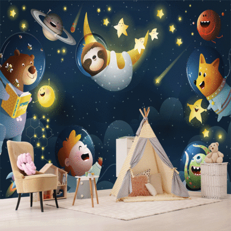 Animals and kid’s Astronaut Adventures in Space with Shiny Moon Stars and clouds.