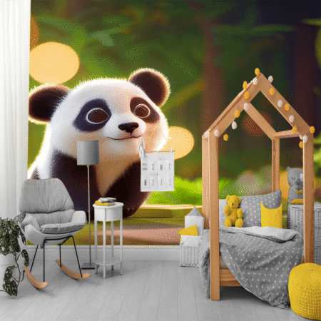 Cute baby panda bear with big eyes baby room wallpaper