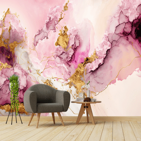 Elegant pink alcohol ink background with gold glitter elements Wallpaper