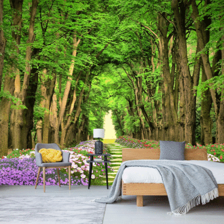 Magic Spring Forest with Blooming Flowering Road Fantasy Background Fairy Tale Wonderful Scene wallpaper