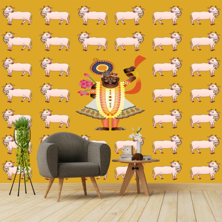 Holy Cow with Lord Krishna also known as Shrinathjee. design on different background wallpaper