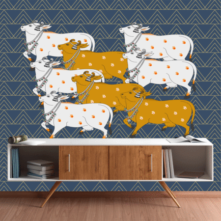 Pichwai Cow Design Blue Wallpaper