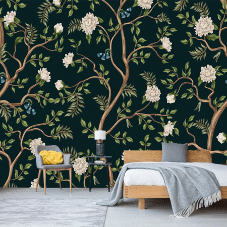 With White Peony Trees in Chinoiserie Style Wallpaper
