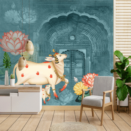 Pichwai Style Blue Wallpaper for Lobby and Temple Walls