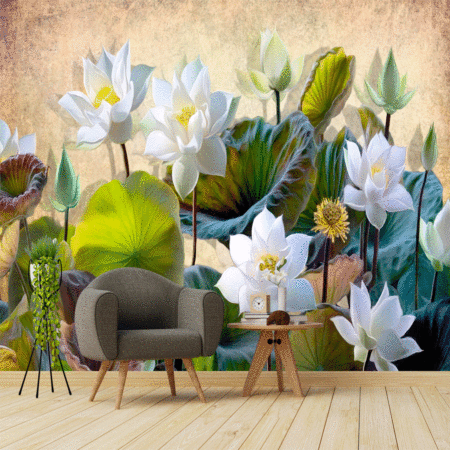 Digital Illustration of a Blooming White Lotus flowers with green leaves on a background of beige walls in the loft Wallpapers .