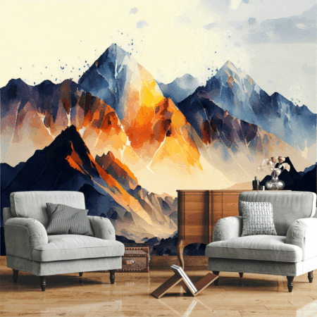 Abstract Mountain Ranges in Morning A Mountain Range with Snow, illustration with mountain sky Wallpaper