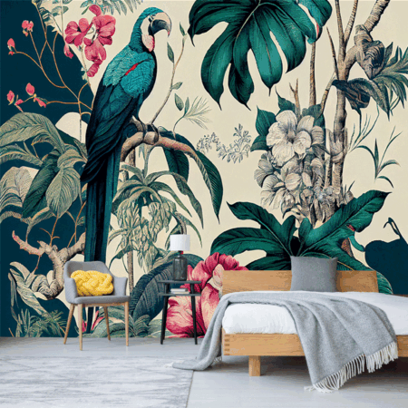 Exotic Tropical Pattern with Parrots and Flowers in Toile De Jouy Style Wallpaper