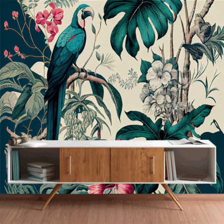 Exotic Tropical Pattern with Parrots and Flowers in Toile De Jouy Style Wallpaper