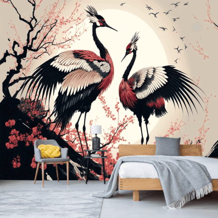 Chinese Japanese Art Cherry Blossoms Sakura Cranes Luxury Oriental Style Background Wallpaper