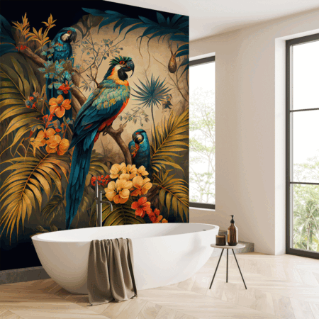 Branches Palm Tree Plants, A Painting of A Parrot, Illustration with Bird Plant Wallpaper