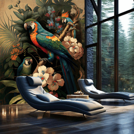 Branches Palm Tree Plants a Painting of a Parrot, illustration with bird flower Wallpaper.