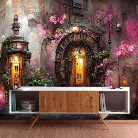 City street with magical doors. Fantasy Art Painting Wallpaper