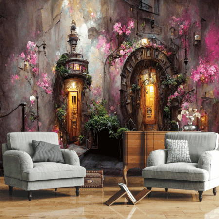 City street with magical doors. Fantasy Art Painting Wallpaper