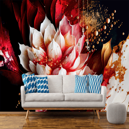 Lotus Marble Texture with Abstract Red, White, Glitter and Gold Background Alcohol Ink Colors Wallpaper
