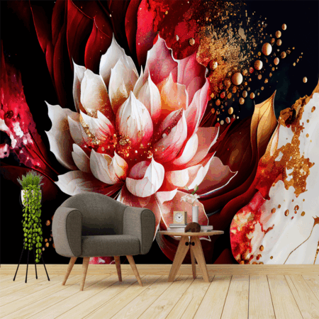 Lotus Marble Texture with Abstract Red, White, Glitter and Gold Background Alcohol Ink Colors Wallpaper