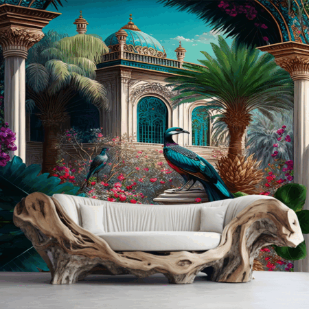 Traditional Indian Temple Garden with Peacock at the Entrance Wallpaper