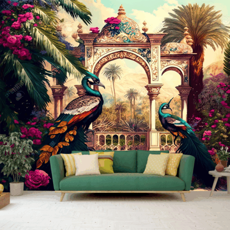 Traditional Indian temple garden with peacock at the entrance Wallpaper