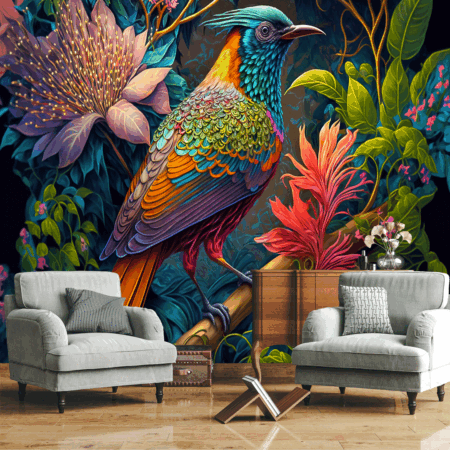 Paradise bird on exotic floral background, fantasy colorful illustration wallpaper