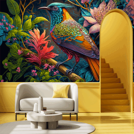Paradise bird on exotic floral background, fantasy colorful illustration wallpaper