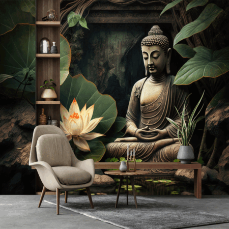 Glowing Lotus Flowers and Buddha Statue Wallpaper