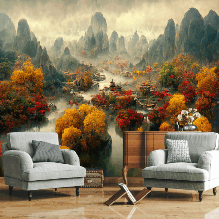Chinese Autumn Landscape with Trees Majestic Mountains Season Background 3d Illustration Wallpaper (Copy)