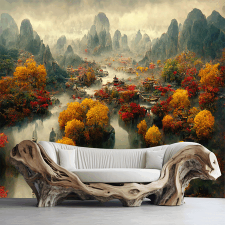 Chinese Autumn Landscape with Trees Majestic Mountains Season Background 3d Illustration Wallpaper (Copy)