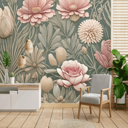 Vintage-Style Botanical Flower Fabric in Pastel Colors Wallpaper