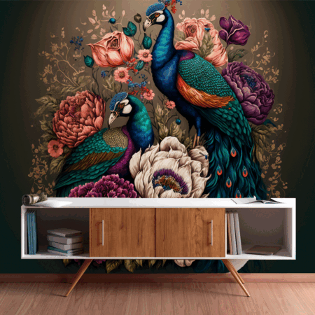Drawing with Oil Colors Group Colorful Peacocks Wallpaper