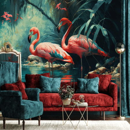 Two flamboyant flamingos stand majestically in a water-rich oasis, anchored in a forest of tranquility
