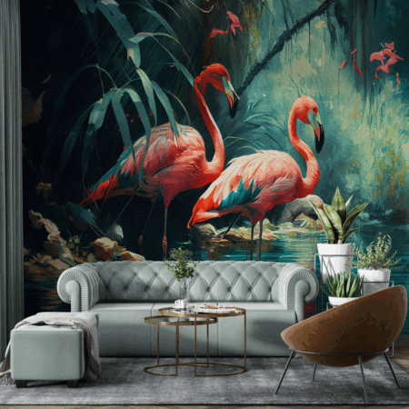 Two flamboyant flamingos stand majestically in a water-rich oasis, anchored in a forest of tranquility