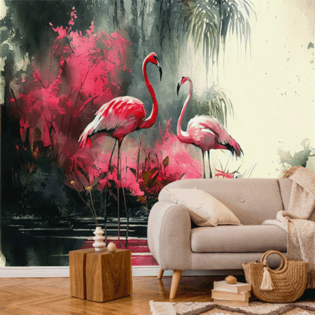 The essence of elegance is captured in this sketchy depiction of flamingos, surrounded by an abstract explosion of carmine and pink.