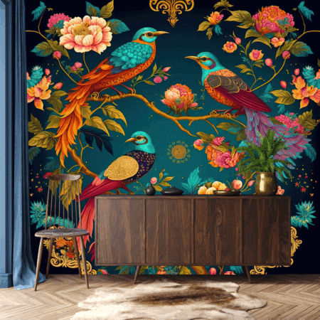 Exotic oriental pattern with birds and flowers in brig Wallpaper
