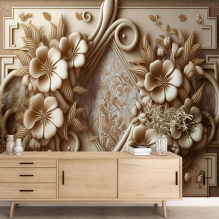 3D Wallpaper, beige background with Flower embossing Mural Wallpaper